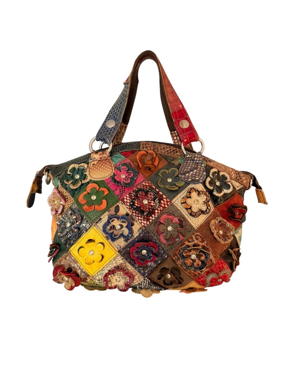 Boho Multicolor Floral Patchwork Leather Satchel Top Handle Handbag Distressed